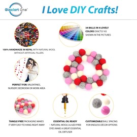Glaciart One Pom Pom Garland - Wool Felt Ball Garland - 7 Feet, 24 Balls, 6 Hearts, Valentines Colors, Pom Pom Decorations, Nursery Decor, Bunting, Birthday Party Decorations, Carnival, Photo Prop
