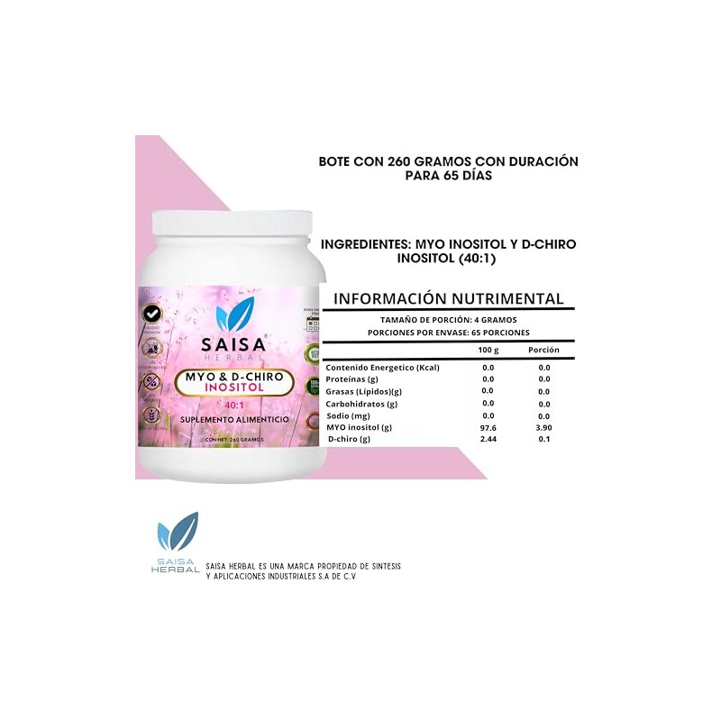 Myo Chiro Inositol 260 Gramos Relación Optima Saisa Herbal