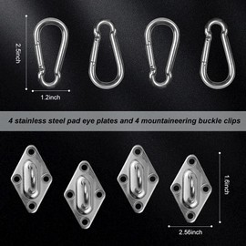 Cyleibe 4Pcs Stainless Steel Pad Eye Plate and 4Pcs Carabiner Clips, Marine Hardware Staple Hook Loop U-Shaped Design Screws Wall Mount Hanger
