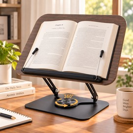 Adjustable Book Stand for Reading – 360° Rotating Foldable Desktop Holder with Elastic Page Clips for Study & Work