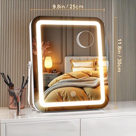 MINISO Vanity Mirror with Lights, 10" x 12" LED Makeup Mirror, Light & Brightness Adjustment, Smart Sensor, 360°Rotation, Aluminum Alloy Metal White Frame, with 5X Magnifying Glass