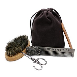 Juego de cepillo y peine para barba, kit de cuidado de barba 4 en 1, cepillo de cerda de jabalí natural + peine de madera de doble acción + peine de acero inoxidable + mini tijeras con bolsa de viaje, ideal para peluquería de barba y bigote
