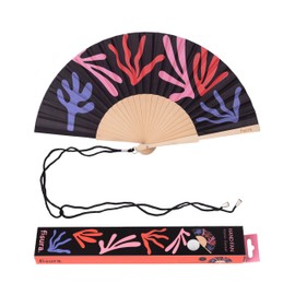 Fisura – Original Folding Fan with Coral Print, Modern and Colourful Folding Handheld Fan, Black Design for Wedding, Rave, Festival - Includes Strap. Size: 42.5 x 23 cm