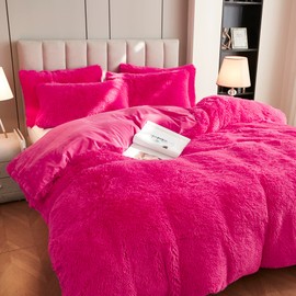 Uhamho Luxury Fluffy 1PC Solid Duvet Cover Faux Fur Plush Shaggy Quilt Cover Velvet Bedspread Zipper Closure, No Pillow Sham, No Comforter (Hot Pink, Twin)