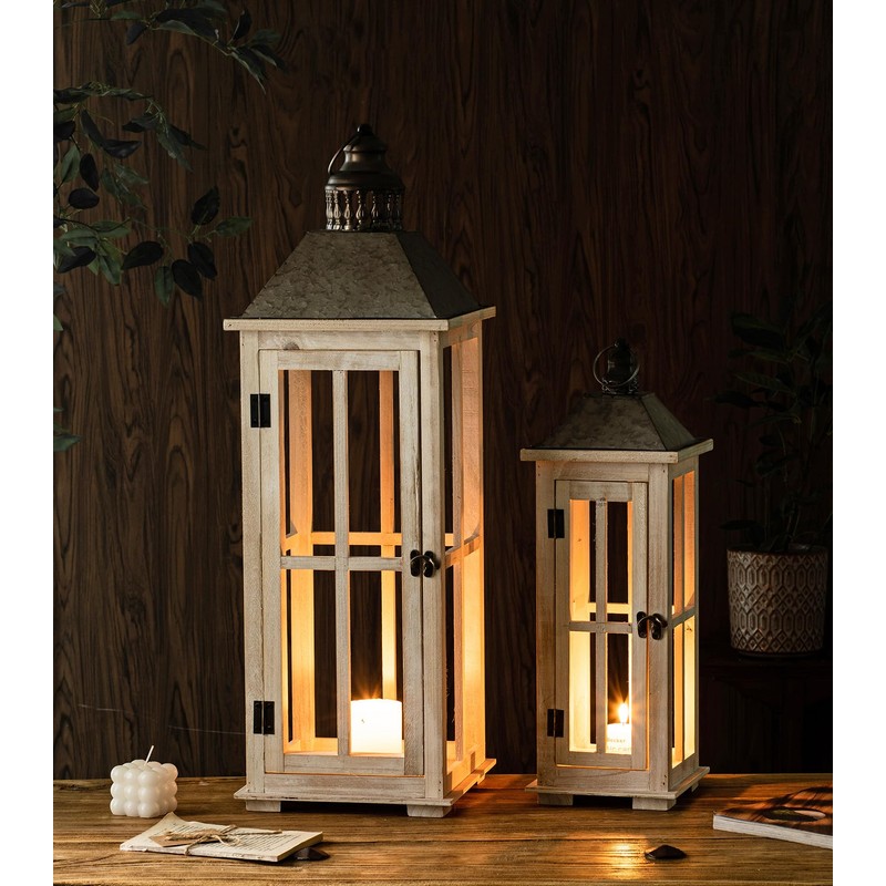 TIMRIS Large Rustic Wooden Decorative Lantern Set of 2, Modern