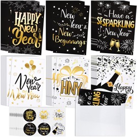 Motiskyy 72 Set Happy New Year Cards Gold Foil New Years Eve Greeting Card with Envelopes and Gold Stickers Holidays and Thank You Cards for Office Business School