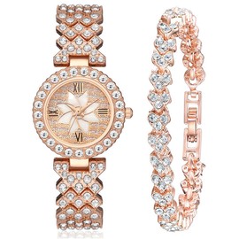 CdyBox Women Luxury Watches Steel Band with Diamonds Bracelets Watches Set Quartz Wristwatch Wholesale (Rose Gold)