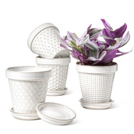 LE TAUCI Ceramic Plant Pots, 4.9 Inch Flower Pots with Drainage & Saucer, Embossed Planter Pots for Indoor Plant Succulent, Orchid, Cactus, Home Decor - Set of 4, Arctic White