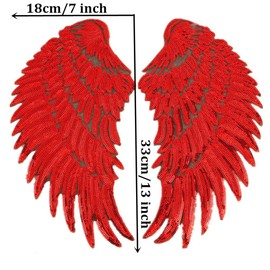 Large Angel Wings Sequin Patches Iron on Sew on Appliques Embroidered Motif for DIY Clothes (Red)