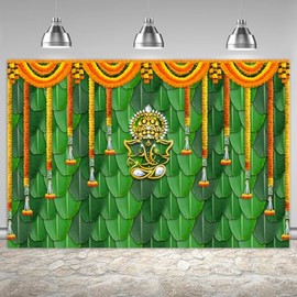 Wollmix Pooja Backdrop Decoration Cloth Items Indian Ganpati Puja Traditional Chatiya Ganesh Mehndi Photography Background Festival Wedding Party Marigold Garlands Photo Booth Props Banner 6x4ft