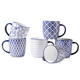 Cerkik Ceramic Coffee Mugs Set - 12 OZ Large Porcelain Tea Cups with Handle for Cappuccino Latte Cocoa Milk Tea - Christmas Housewarming Gift - Microwave Dishwasher Safe - Set of 6 - Vintage Blue