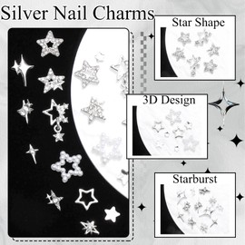YAEISM 172PCS Star Nail Charms 3D Silver Nail Charms 13 Shapes Star Charms Crystal Starlight Star Nail Gems and Rhinestones Acrylic Hollow Pendant for Nail Art and DIY Crafts Decoration