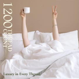 SAKIAO 1200 Thread Count Cotton Sheets, 100% Egyptian Cotton Sheet for Queen Size Bed, Sateen Weave Bed Sheets 17-Inch Deep Pocket - Breathable and Hypoallergenic - 4 Piece (Pearl White, Queen)