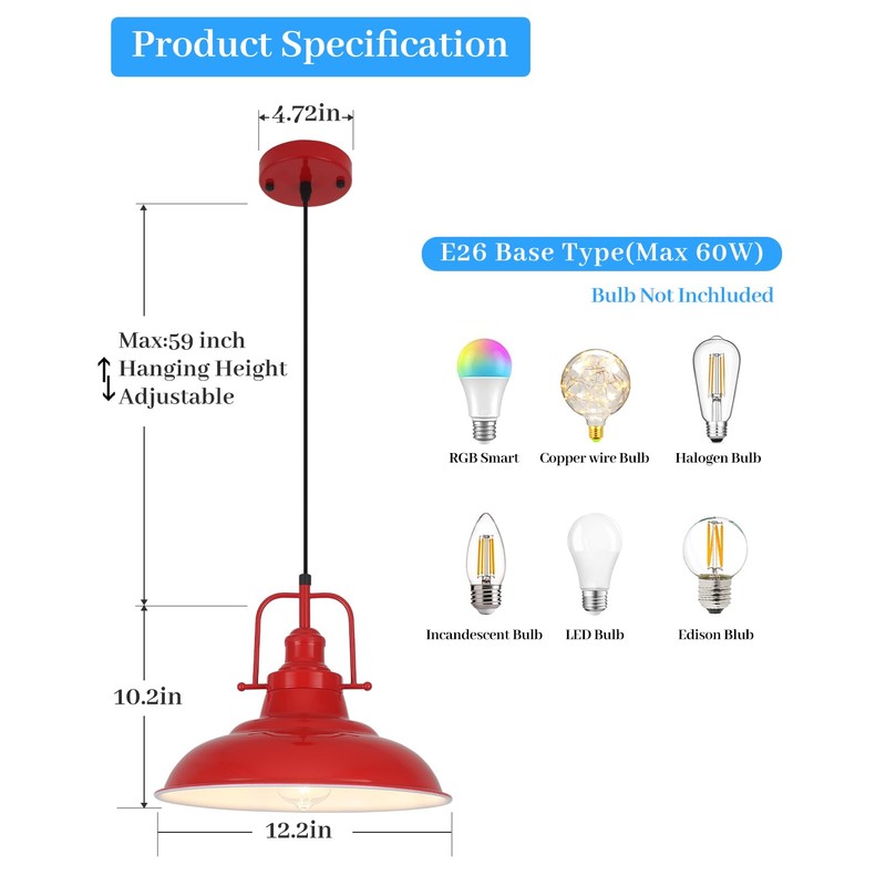 Woholitable Farmhouse Pendant Lighting for Kitchen Island,Red Pendant Light with