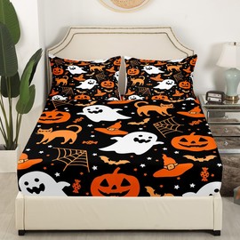 Feelyou - Juego de sábanas para decoración de Halloween, tamaño individual, diseño de calabaza, fantasma, gatos, niños, adolescentes, adultos, Halloween, festival, color negro y naranja