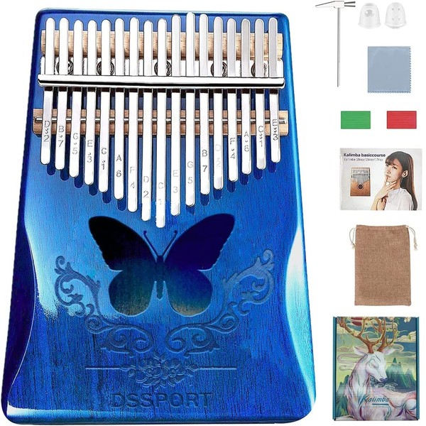 Kalimba 17 Keys, DSSPORT Portable Finger Piano with Tune Hammer and Music Books Set, Wood Thumb Piano Music Gifts for Kids Adults Beginners and Music Lovers (Blue-17key)