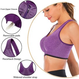 Womens Zip Front Sports Bra Wireless Post-Surgery Bra Racerback Yoga Sports Bras Purple