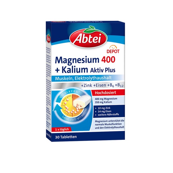 Abtei Magnesium 400 + Potassium Active Plus - High Dose for Active Muscles and Electrolyte Balance - with Depot Effect - Laboratory Tested Vegan - 30 Tablets