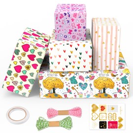 Gift Wrapping Paper, Birthday Wrapping Paper 5 Sheets Recyclable Gift Wrap with 1 Gift Sticker & 1 Double-Side Tape, 2 Kraft String, Eco Present Gift Wrapping Paper for Women, Men, Girl, Boy