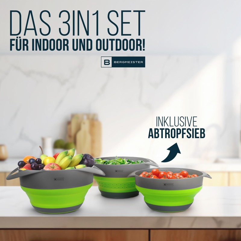 Bergmeister Foldable Bowl Set 3-in-1 with Colander, Noodle Strainer 1.7