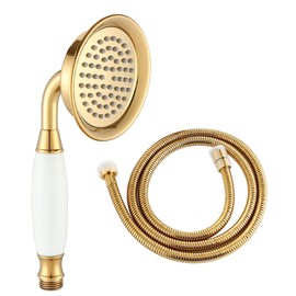 Wussh 3.85 Inch Classic Traditional Brass Telephone Hand Shower Head Polished Gold and Ceramic Handheld Showerheads with 1.5M Hose Set