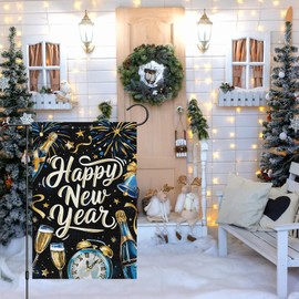 Heyfibro Happy New Year Garden Flag 12x18 Inch Double Sided Burlap Firework Champagne Celebration Banner for Christmas Winter Holiday Party Yard Outdoor Decoration(ONLY FLAG)