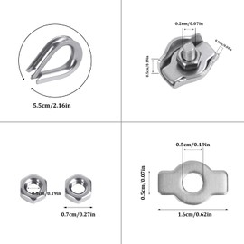 WUGU Set of 12 Wire Rope Clips 2 mm, Rope Clamp, Wire Rope Clamp, Stainless Steel, Wire Rope Clamp, 304 Stainless Steel, Wire Rope Clip, for Steel Cable Washing Line Awning Fixed (12 x Thimbles, 12 x