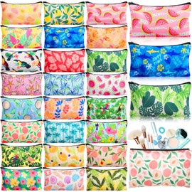 24 Pcs Summer Hawaii Cosmetic Bags Summer Themed Makeup Bags Tropical Plants and Hibiscus Flowers Toiletry Pouch with Zipper Travel Cosmetic Organizer for Women and Girls 24 Styles