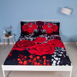 EsyDream 3D Red Rose Fitted Bed Sheet 3 Pieces Red Rose Floral Bed Sheet King Size Include 1 Fitted Sheet 2 Pillow sham Red Rose Flowers Girls Bedding Sheet for Romantic Flowers Room Décor Full