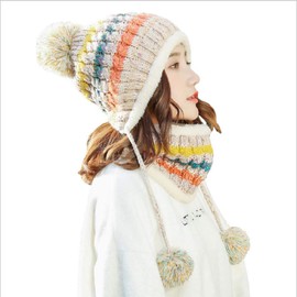 Aisaving Women Knitted Hat Scarf Set Girls Women Gift Winter Warm Thicken Crochet Bobble Pom Pom Beanie Hat Cap Outdoor Ski Snowboard Cycle Bobble Hemming Hats with Fleece Lining(Beige)