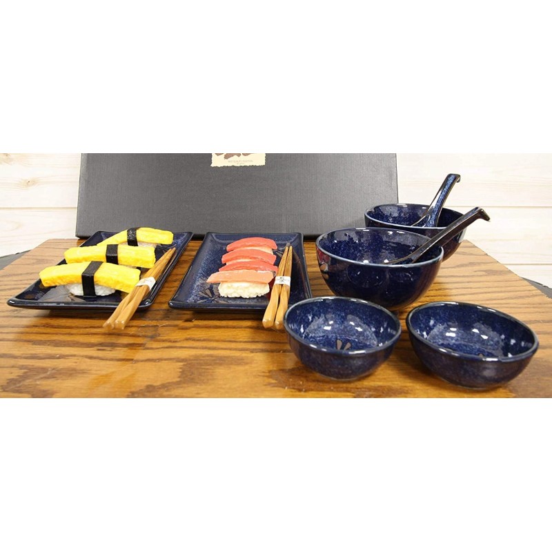 Japanese Pair Of Dragonfly Blue Motif Ceramic Sushi Dinnerware 10pc