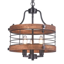 Farmhouse Wood Chandelier Vintage Ceiling Light, Modern Metal & Wooden Circular 3 Lights, Rustic Drum Hanging Chandelier with Adjustable Chain Light Fixtures for Dining Room Entryway Foyer(Black)