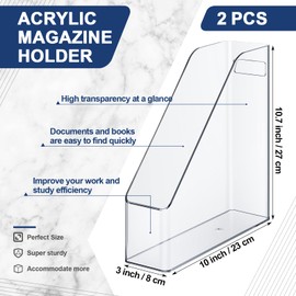 Geelin 2 Pcs Plastic Magazine File Holder Slim Vertical File Folder Storage Organizer Bin with Handle Clear Acrylic Magazine File Box Document Desktop Storage Supplies for Notebooks Binders Envelopes