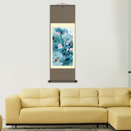 Penerl Wall Hangings - Lotus Theme Ink Scroll for Home Decor, Durable Silk with Brocade Frame, Versatile Paintings for Living Room, Bedroom, Office, Hotel, or Dining, Gift Ready