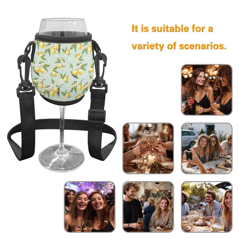 WHOSGNIHT Lemon Frangipani Stemless Wine Glass Insulator Lanyard Adjustable Wine