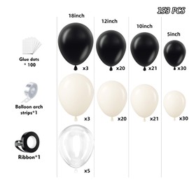 PTGOLUO 153Pcs Black and Sand White Balloons Garland Arch Kit - 18 12 10 5 inch Different Size Black Cream White Confetti Balloons for Birthday Wedding Bridal Shower Anniversary Prom Party Decorations