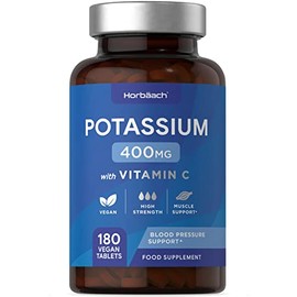Potassium Supplement 400mg with Vitamin C | 180 Vegan Tablets | Potassium Chloride Supports Normal Blood Pressure | No Artificial Preservatives | by Horbaach