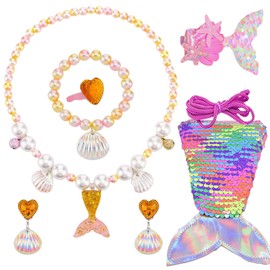 AUNGKWANG 7 Piece Mermaid Children's Jewellery Set Girls Mermaid Jewellery Set Mermaid Fin Girls Bag Necklaces Bracelets Rings Earrings Gifts for Girls from 3 Years, Plastic / resin, 1