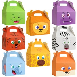 Mocoosy 24PCS Animal Party Favor Treat Boxes, Thickened Cardboard Gift Boxes Candy Snack Goodie Bags for Kids Birthady, Recycled Paper Gable Box with Handles for Jungle Safari Zoo Theme Party Supplies