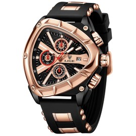 MASTOP Stylish Luxury Watch for Men with Unique Triangular Dial Soft Silicone Strap Chronograph Luminous Hands Waterproof Date Business Elegant Gift for Men (C Black Rose)