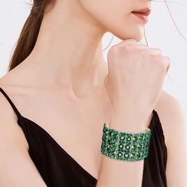 Ever Faith Austrian Crystal Bridal Elegant 3 Rows Stretch Bracelet for Women Girls Green Gold-Tone