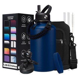 32oz 40oz 64OZ 128oz Vacuum Insulated Water Bottle - Keep Hot Cold Vacuum Flasks with Straw & Spout Lids, Paracord Handle, Water Bottler Carrier Holder & Protective Cup Mat, 1.8L Stainless Steel Water Jug Vacuum Insulated - Color: Navy Blue, Size: 32oz