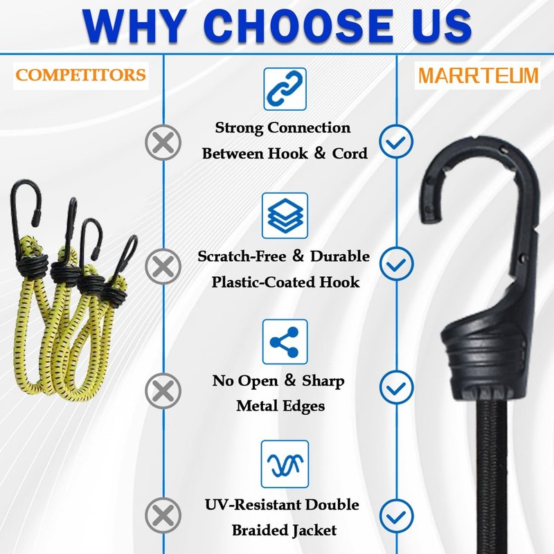 MARRTEUM 12-Inch Bungee Cords with Hooks Black Elastic Rope Straps
