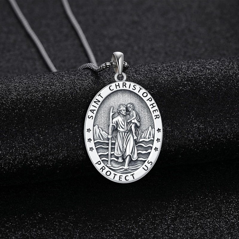 Aniu Sterling Silver St Christopher Pendant Necklace, Patron Saint Christopher