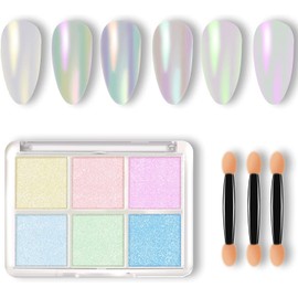 Bluemega Polvo De Cromo del Clavo, 6 Colores Sirena Neón Clavo Resplandores Polvo Gel Polaco Metálico Clavo Arte Pigmento Polvo Set con Cepillos De Esponja De Uñas para Decoración De Uñas Arte (01)