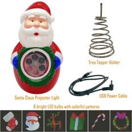 K KIRKWOOD KITCHEN Santa Christmas Projector Light USB Indoor Light with Auto Rotating Reindeer, Wreaths, Candy Canes, Socks 6 Patterns Slides for Kids Christmas Room Decorations, New Year Xmas Gift