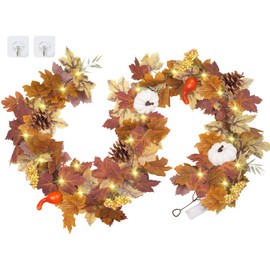 RICHMYC Fall Maple Leaves Garland, 6 Ft Fall Garland with Lights Pumpkins Pine Cones Berries for Mantle Home Thanksgiving Fireplace Table Indoor Outdoor Porch Decor