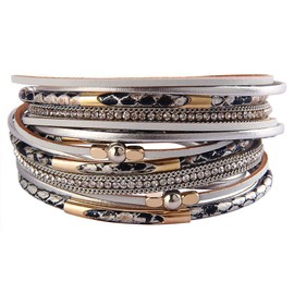 TASBERN Leather Wrap Bracelet Multi Strands Leopard Print Wrap Around Leather Cuff Bracelets Silver Grey Magnetic Clasp Jewelry Gift for Women