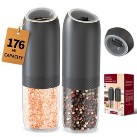 CIRCLE JOY Gravity Electric Salt and Pepper Grinder Set Battery Powered Automatic Pepper Mill Grinders with 176ml Container, Adjustable Coarseness, Bright LED Light and One Hand Operation, Black