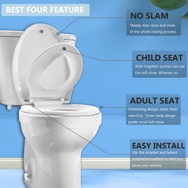 JINGZE Elongated Toilet Seat Built-In Potty Training Seat, Soft Quiet Close Non-Slip Seat, Easy to Install & Clean,Magnetic Kids Seat and Cover for Elongated Oval Toilets,White